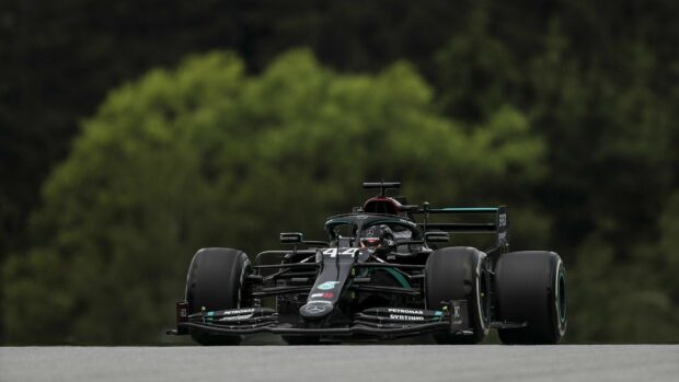 Lewis Hamilton racing car on track surrounded by trees, HD Desktop Wallpaper
