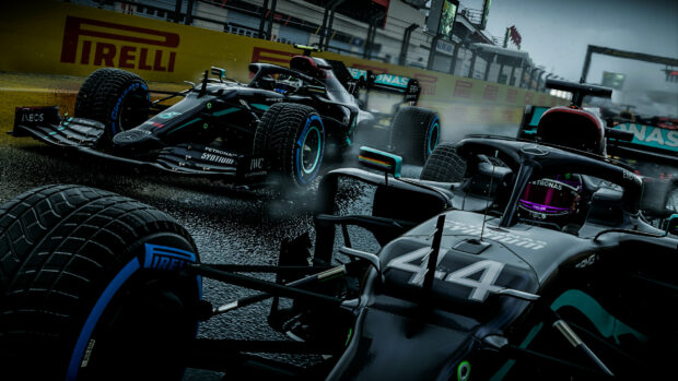 Lewis Hamilton driving in a wet Formula 1 race with intense action on the track, HD Desktop Wallpaper