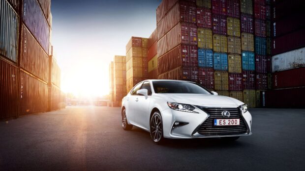 Lexus Es parked near colorful cargo containers at sunset, 4K Desktop Wallpaper