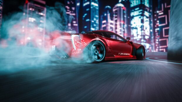 A red Lexus LC drifting on a curved road surrounded by city lights and smoke, HD Desktop Wallpaper