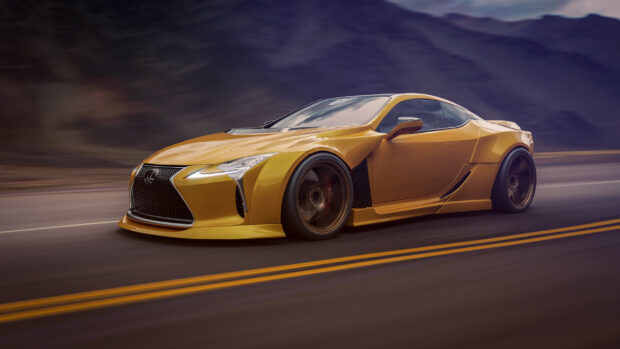 A yellow Lexus LC sports car is driving fast on an empty road with blurred background, 2K Desktop Wallpaper