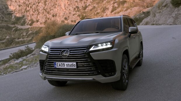 A Lexus LX vehicle with headlights on is parked on a winding mountain road, HD Desktop Wallpaper