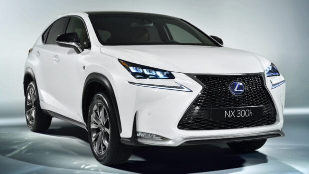A white Lexus NX 300h car is shown from the front side with detailed headlights and grille design, 4K Desktop Wallpaper