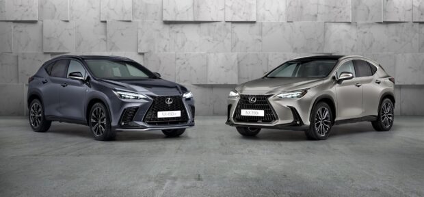 Two Lexus NX models are displayed side by side in a sleek showroom setting, showcasing Lexus Nx Wallpapers HD, 2K Desktop Wallpaper