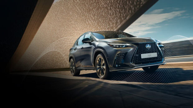 A Lexus NX SUV is parked under modern architectural shade with clear sky, HD Desktop Wallpaper