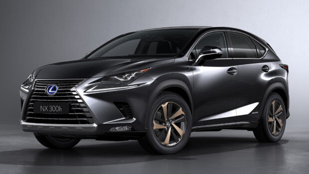A black Lexus Nx hybrid SUV is shown from a front angle in a studio, HD Desktop Wallpaper