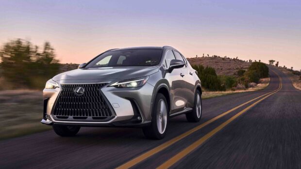 The Lexus Nx is shown driving along a winding road with a scenic sunset backdrop, HD Desktop Wallpaper