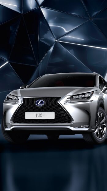 A silver Lexus Nx car is shown from the front against a dark geometric background, 4K Phone Wallpaper
