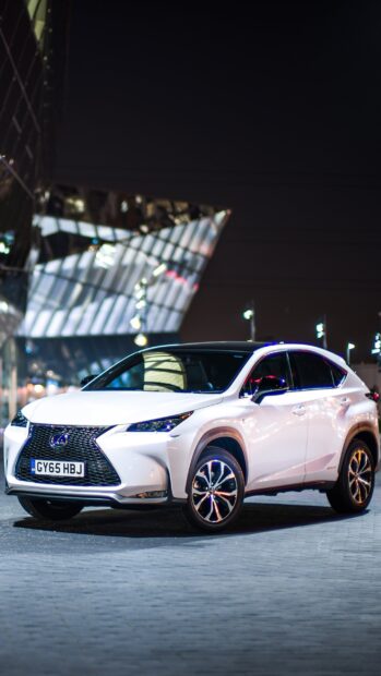 A white Lexus Nx luxury SUV parked at night in an urban setting, 2K Phone Wallpaper