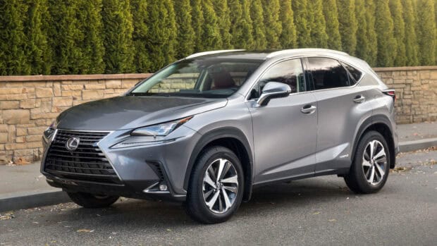 A gray Lexus Nx SUV parked near a stone wall with green trees behind, 4K Desktop Wallpaper