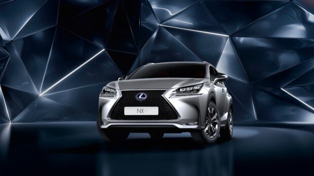 A silver Lexus Nx is posed in a futuristic dark blue geometric studio, 4K Desktop Wallpaper