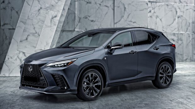 A dark gray Lexus Nx is parked in front of a marble wall with a sleek design, 4K Desktop Wallpaper