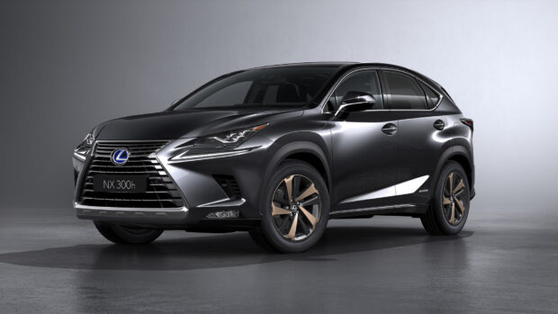 A sleek black Lexus Nx is shown in a studio setting with a detailed front view, HD Desktop Wallpaper