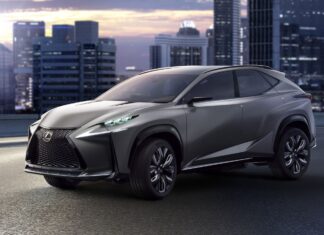 A sleek modern Lexus Nx is parked with city skyline in the background at dusk, 2K Desktop Wallpaper