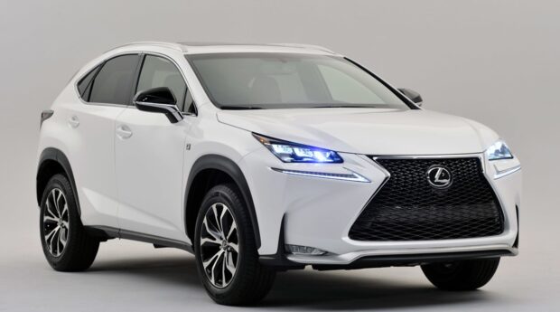 A sleek white Lexus Nx with blue LED headlights parked indoors, 4K Desktop Wallpaper