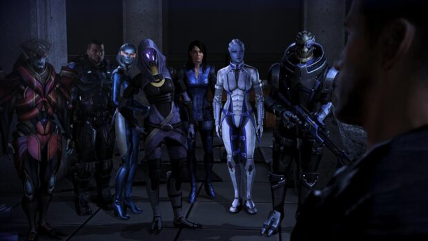 Liara Tsoni and her team stand ready for action in a sci fi setting, HD Desktop Wallpaper