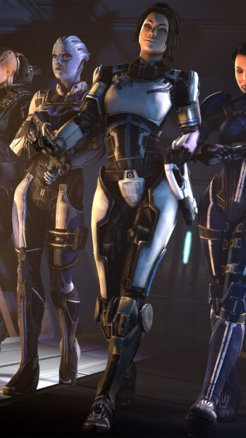 Liara Tsoni and her team stand confidently in futuristic armor, HD Mobile Wallpaper