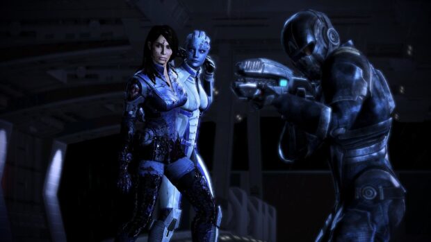 Liara Tsoni wallpapers shows two characters with a soldier aiming a weapon in a dark futuristic setting, HD Desktop Wallpaper