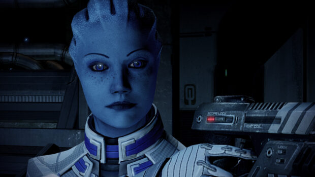 A close up of Liara Tsoni holding a weapon inside a spaceship, HD Desktop Wallpaper