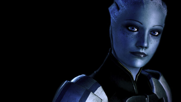 A close up portrait of Liara Tsoni showing her detailed blue skin and armor, HD Desktop Wallpaper