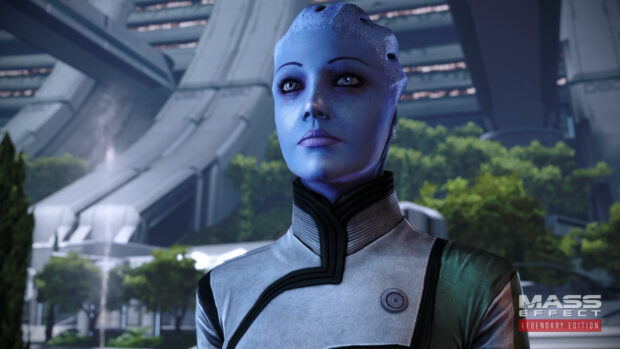 A close up of Liara Tsoni standing outdoors in a futuristic setting, 4K Desktop Wallpaper