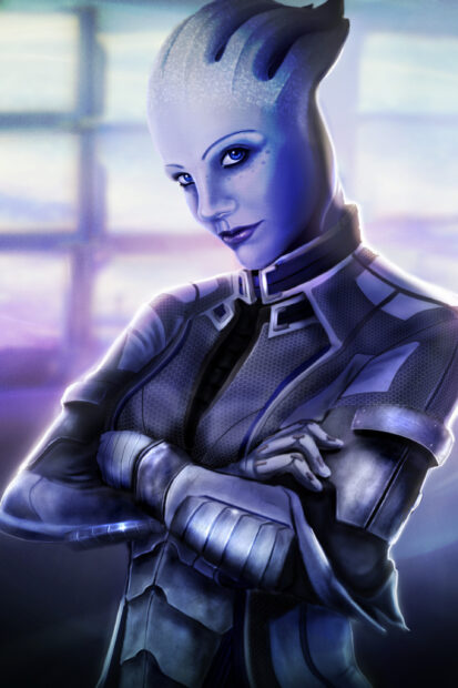 Liara Tsoni is depicted confidently in futuristic armor with a glowing background, 2K Mobile Wallpaper