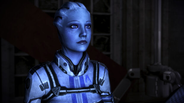 Liara Tsoni is shown in a close up with detailed facial features and armor, HD Desktop Wallpaper