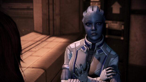 Liara Tsoni is standing with arms crossed in a sci fi setting, HD Desktop Wallpaper