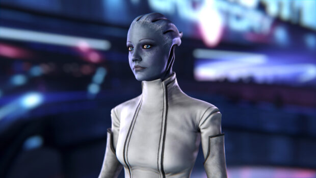 Liara Tsoni stands in a futuristic setting with a focused expression, HD Desktop Wallpaper