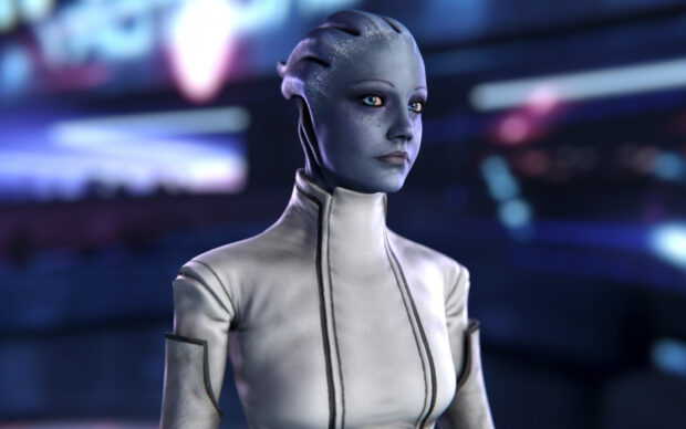 Liara Tsoni wallpapers showing a blue skinned character in futuristic attire, HD Desktop Wallpaper
