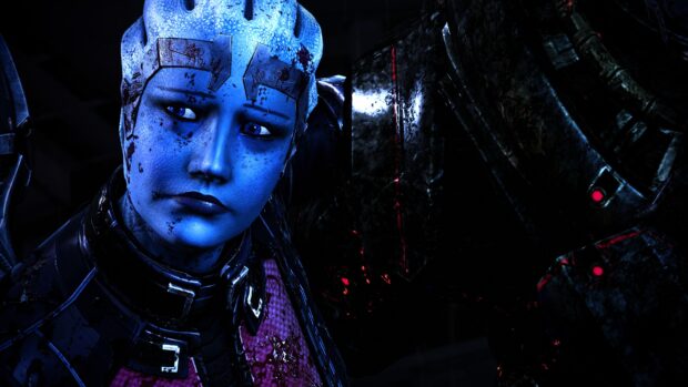 A close up of Liara Tsoni with blue skin and armor in a dark scene, 4K Desktop Wallpaper