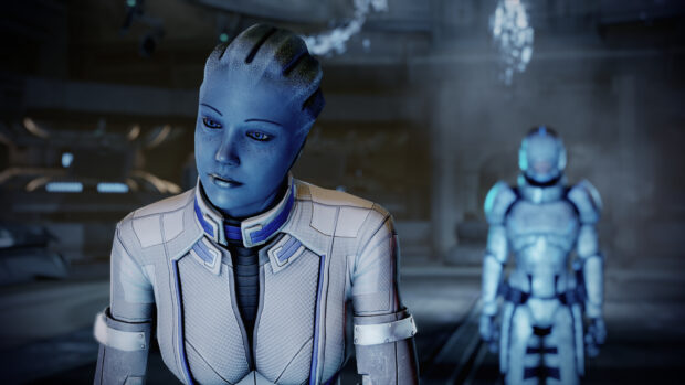 A blue skinned alien named Liara Tsoni is standing thoughtfully with a soldier in armor in the background, 4K Desktop Wallpaper