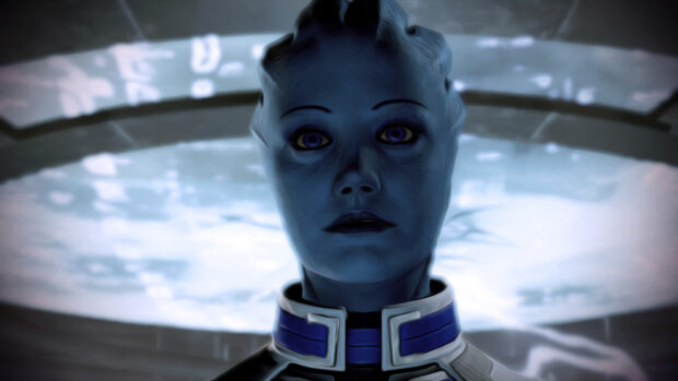 A close up portrait of Liara Tsoni with a focused expression in a sci fi setting, 2K Desktop Wallpaper