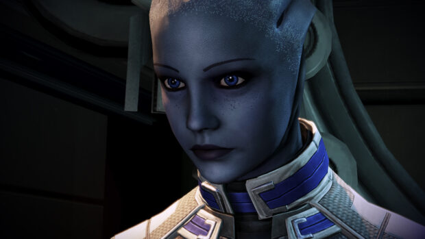 A detailed close up of Liara Tsoni showing her blue skin and blue eyes, 4K Desktop Wallpaper