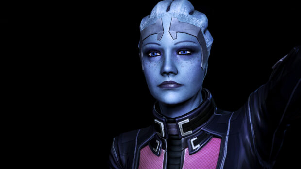 A detailed close up of Liara Tsoni with blue skin and a focused expression, HD Desktop Wallpaper