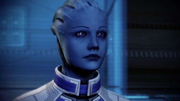 Liara Tsoni is shown in a detailed close up with a blue background, HD Desktop Wallpaper