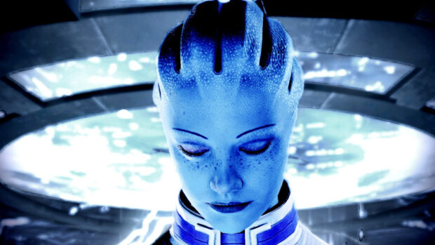 Liara Tsoni looks down in a futuristic setting with blue lighting, HD Desktop Wallpaper