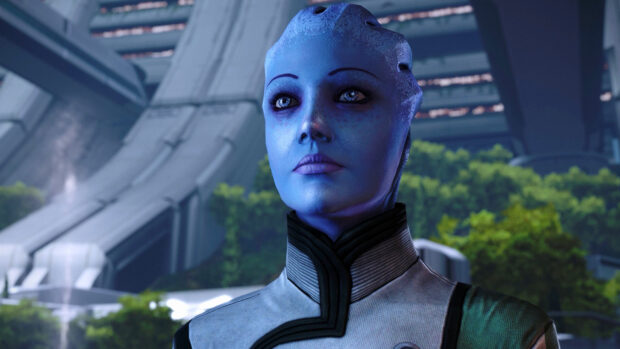 Liara Tsoni stands in futuristic cityscape looking thoughtful, HD Desktop Wallpaper
