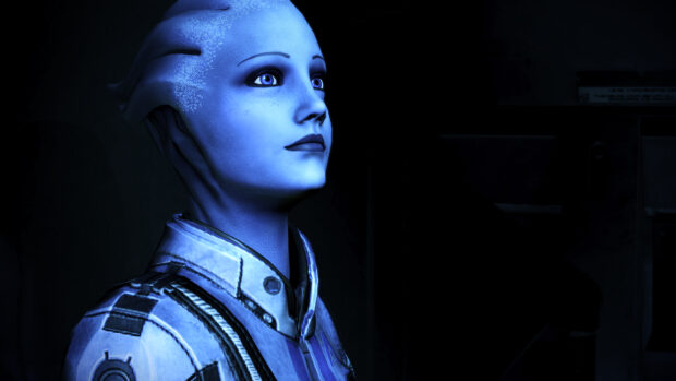 Liara Tsoni gazes thoughtfully in this detailed sci fi setting, 4K Desktop Wallpaper