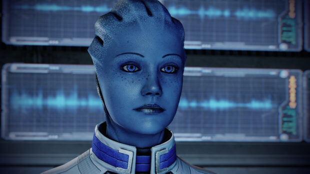 Liara Tsoni wallpapers of a blue skinned character in a futuristic setting, 4K PC Wallpaper