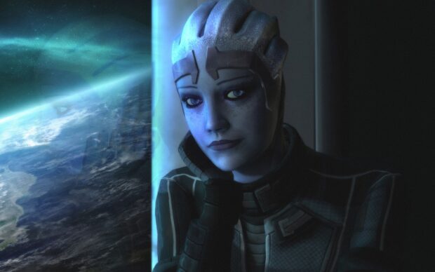 Liara Tsoni appears contemplative next to a window with Earth visible outside, HD Desktop Wallpaper