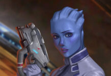 A blue skinned character Liara Tsoni is holding a high tech weapon in a tense moment, HD Mobile Wallpaper