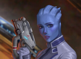 A blue skinned character Liara Tsoni is holding a high tech weapon in a tense moment, HD Mobile Wallpaper