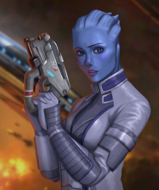 A blue skinned character Liara Tsoni is holding a high tech weapon in a tense moment, HD Mobile Wallpaper