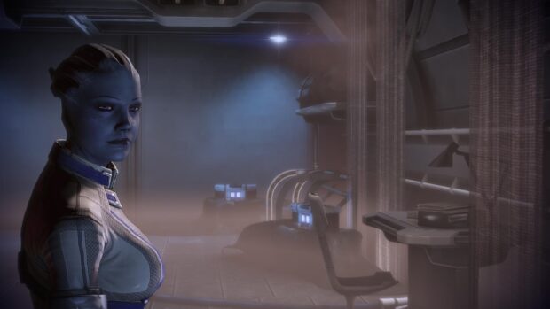 Liara Tsoni stands quietly in a dimly lit futuristic room with a misty atmosphere, HD Desktop Wallpaper