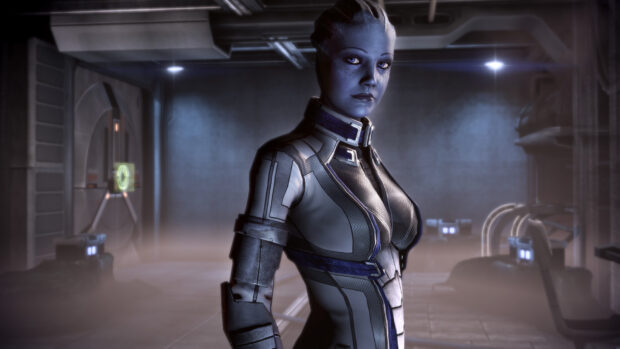 Liara Tsoni stands confidently in a sci fi setting with detailed armor, HD Desktop Wallpaper