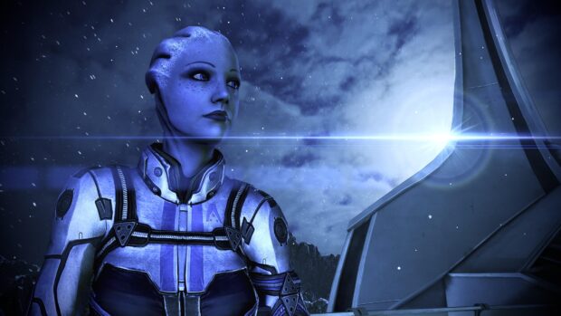 A close up of Liara Tsoni standing near a sci fi structure under a starry sky, 4K Desktop Wallpaper