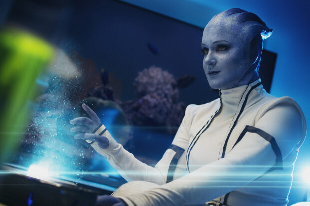 Liara Tsoni explores an advanced holographic interface in a sci fi setting, HD Desktop Wallpaper
