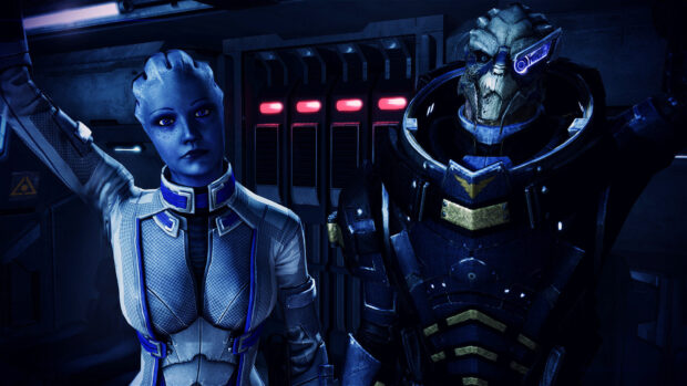 Liara Tsoni stands next to an armored alien in a futuristic setting, HD Desktop Wallpaper