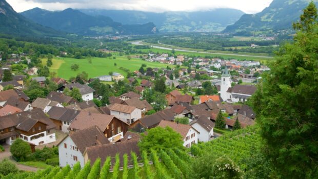 A peaceful village in Liechtenstein surrounded by green hills and vineyards, 2K Desktop Wallpaper